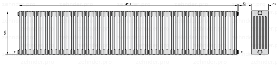 Схема (чертеж) Радиатор Zehnder Charleston 6090/59 №2670 Белый глянцевый RAL 9016